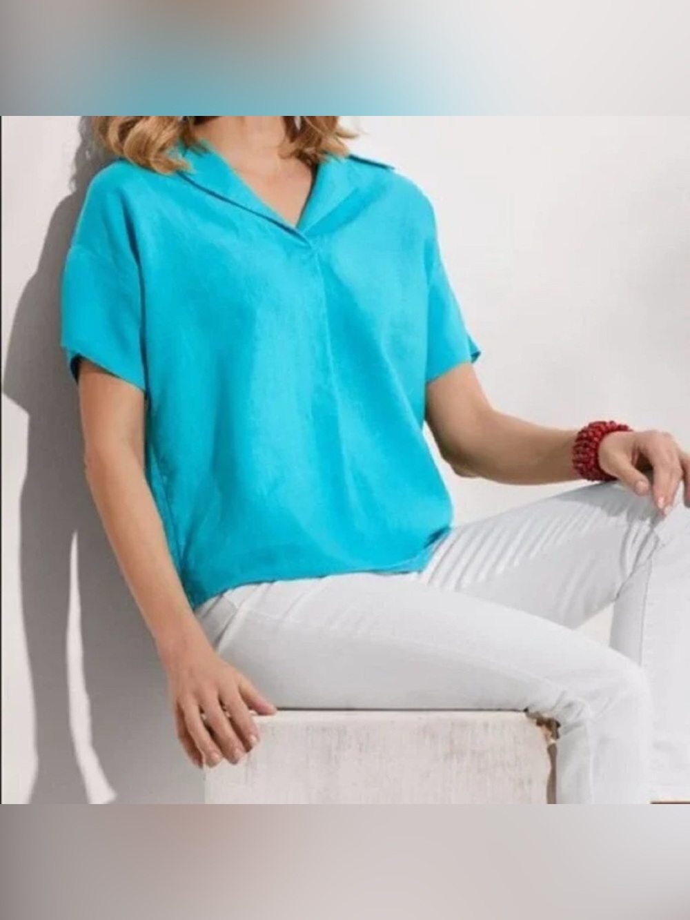 Soft Surroundings Hi-Pointe 100% Linen Blouse Tunic Women's Size 2X Teal Blue